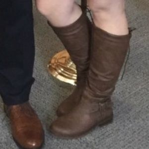 Brown Knee High Boots Lace Back Gold Buckle Detail Size 8